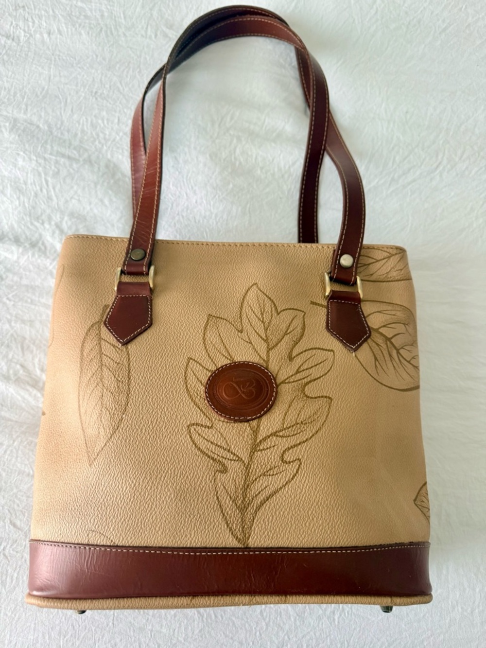 Leather Trim Leaf-Print Tote Bag in Beige and Brown - Classic Everyday Satchel